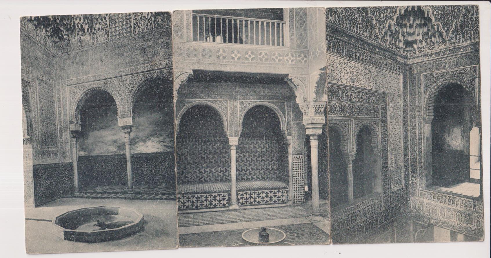 Granada. Alhambra. 3 Postales. Grafos 41,44 y 49. Años 20. Sala de Abencerrajes, DE Reposo y Torre de las Infantas