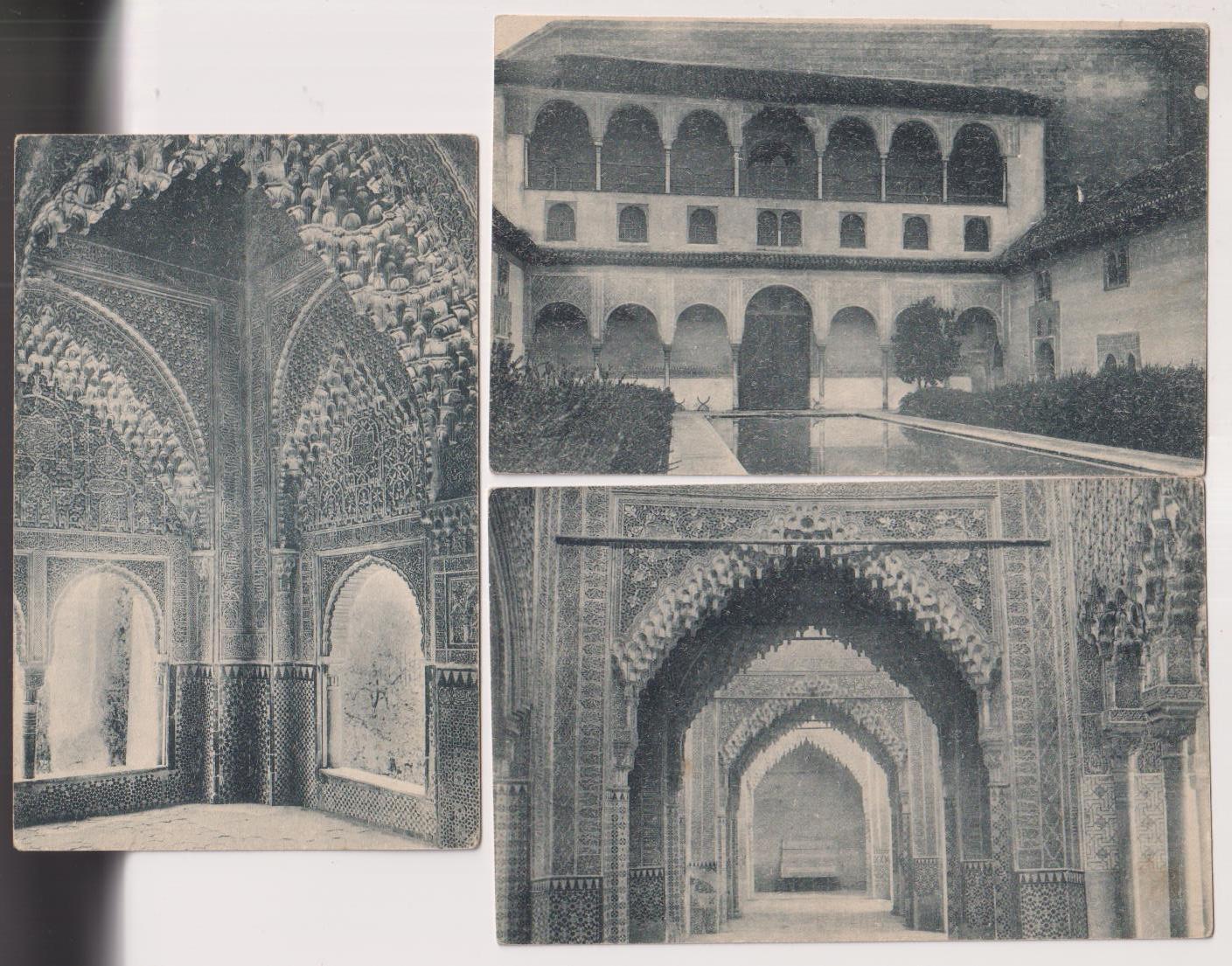 Granada, Alhambra. 3 Postales. Grafos 35,40 y 43. Años 20. P. de los arrayanes, Sala de Justicia y Mirador de Lindaraja