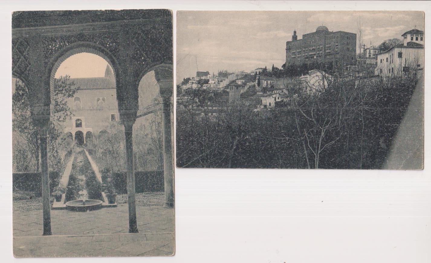 Granada Lote de 2 Postales: Generalife, Patio de la Acequia Y Hotel Alhambra Palace. Grafos 8 y 22