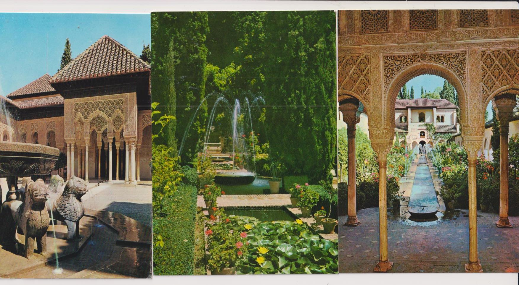 Granada. Lote de 3 Postales. Generalife y patio de los Leones. Años 60